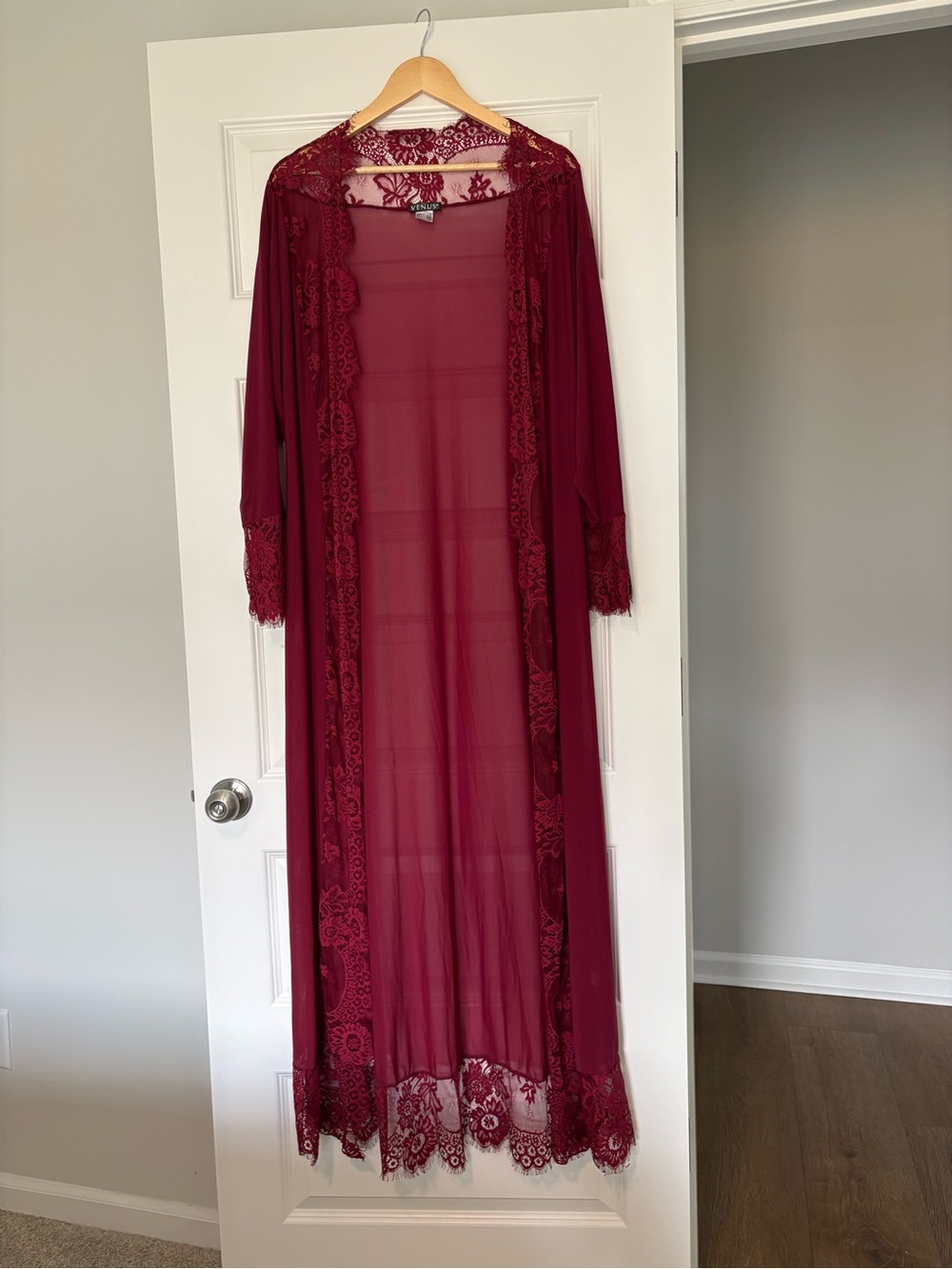 VENUS Burgundy Lace Trim Sheer Duster Mob Wife Festival Flowy Kimono Size XL